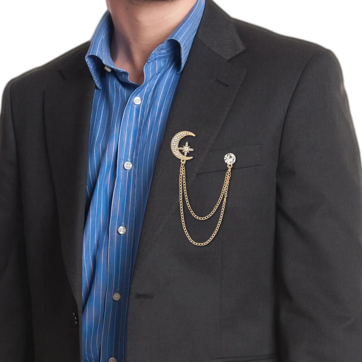 Crystal Moon Planet Guitar Lapel Pin for Men Collar Pins Rhinestone With Hanging Chain Lapel Pins for Men's Suit Accessories Brooch Pin Fashion Jewelry for Men Women