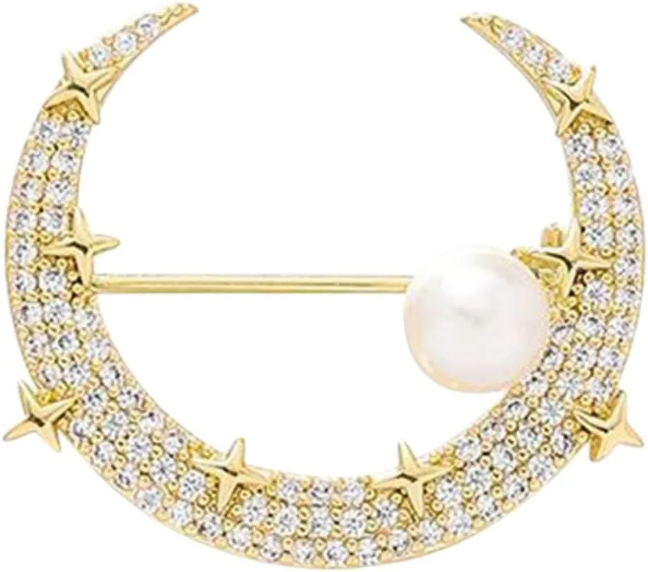 Crystal Wedding Star Moon Brooch Femininity Pearl Suit Accessories Pin Fixed Clothes Corsage Buckle Needle Jewelry (Gold, One Size)