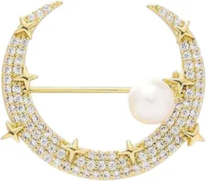 Crystal Wedding Star Moon Brooch Femininity Pearl Suit Accessories Pin Fixed Clothes Corsage Buckle Needle Jewelry (Gold, One Size)