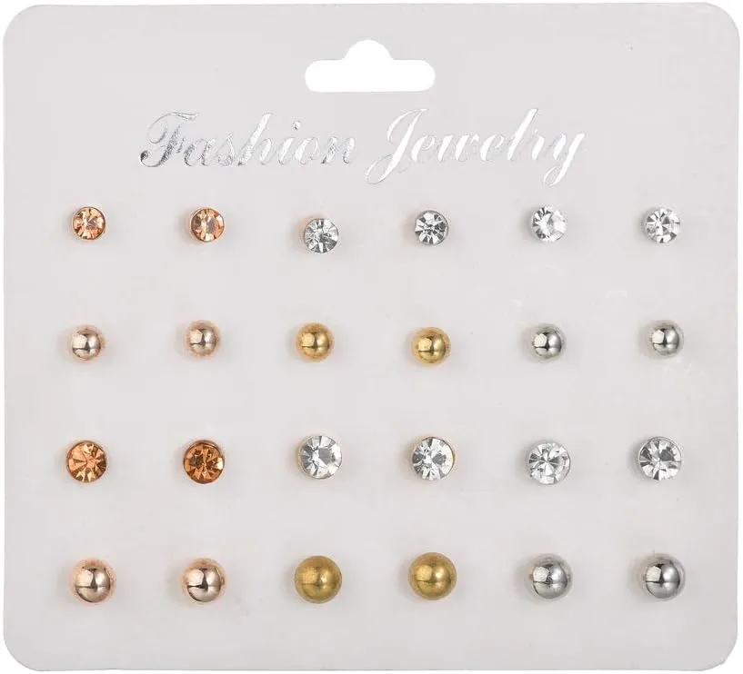 CZ Stud Pearl Earrings for Women Simulated Diamond Cubic Zirconia Earring Set Ear Studs Earring for Birthday Christmas Gifts Gold Silver 12 Pairs