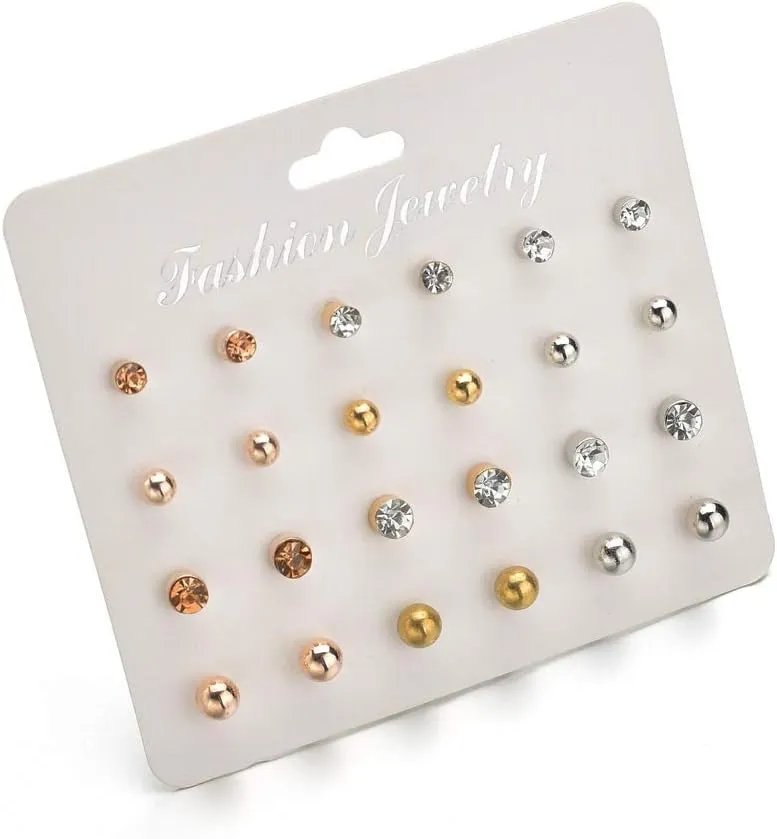 CZ Stud Pearl Earrings for Women Simulated Diamond Cubic Zirconia Earring Set Ear Studs Earring for Birthday Christmas Gifts Gold Silver 12 Pairs