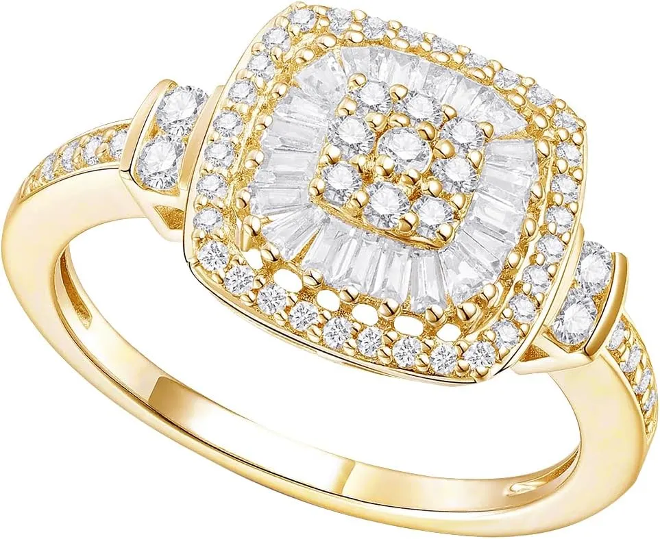 Diamond Cushion Shape Ring, Round and Baguette Shaped Diamond Design, 75 Natural Diamonds, 14K Rose Gold, 1/2 cttw, I2-I3 Clarity
