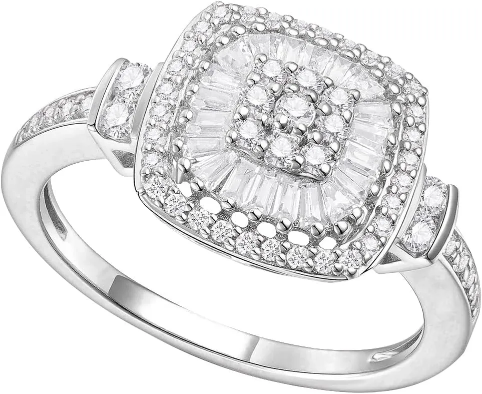 Diamond Cushion Shape Ring, Round and Baguette Shaped Diamond Design, 75 Natural Diamonds, 14K Rose Gold, 1/2 cttw, I2-I3 Clarity