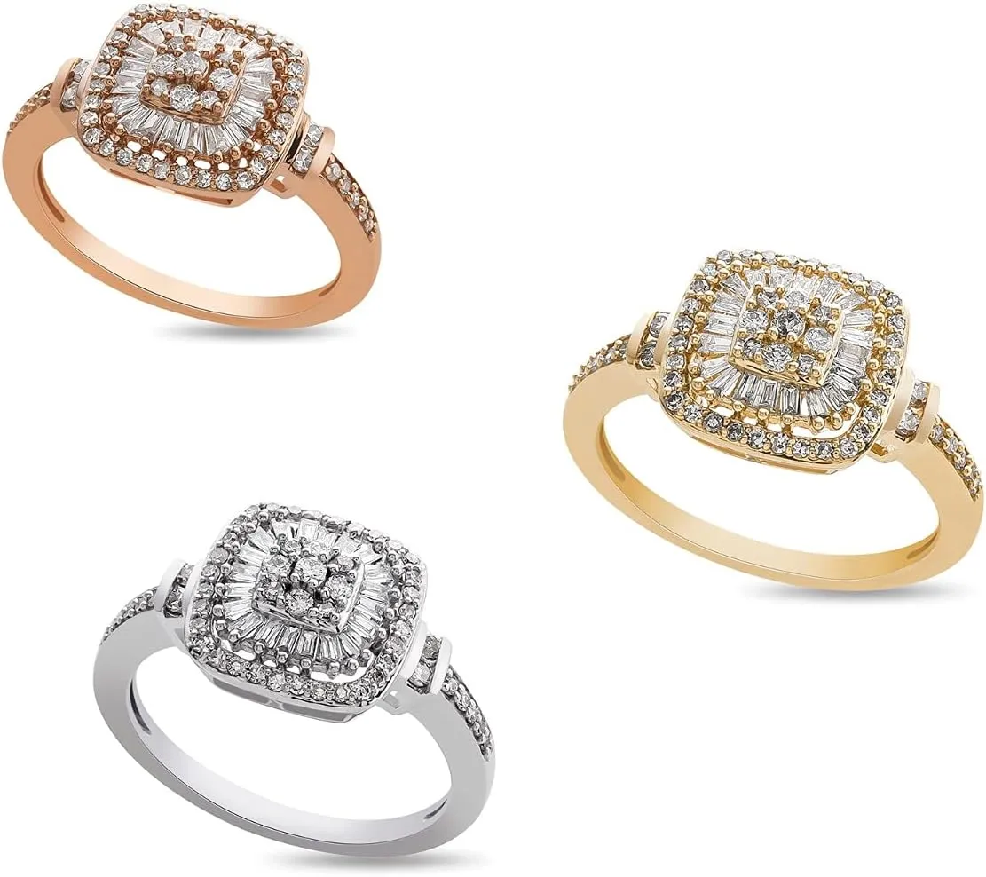 Diamond Cushion Shape Ring, Round and Baguette Shaped Diamond Design, 75 Natural Diamonds, 14K Rose Gold, 1/2 cttw, I2-I3 Clarity