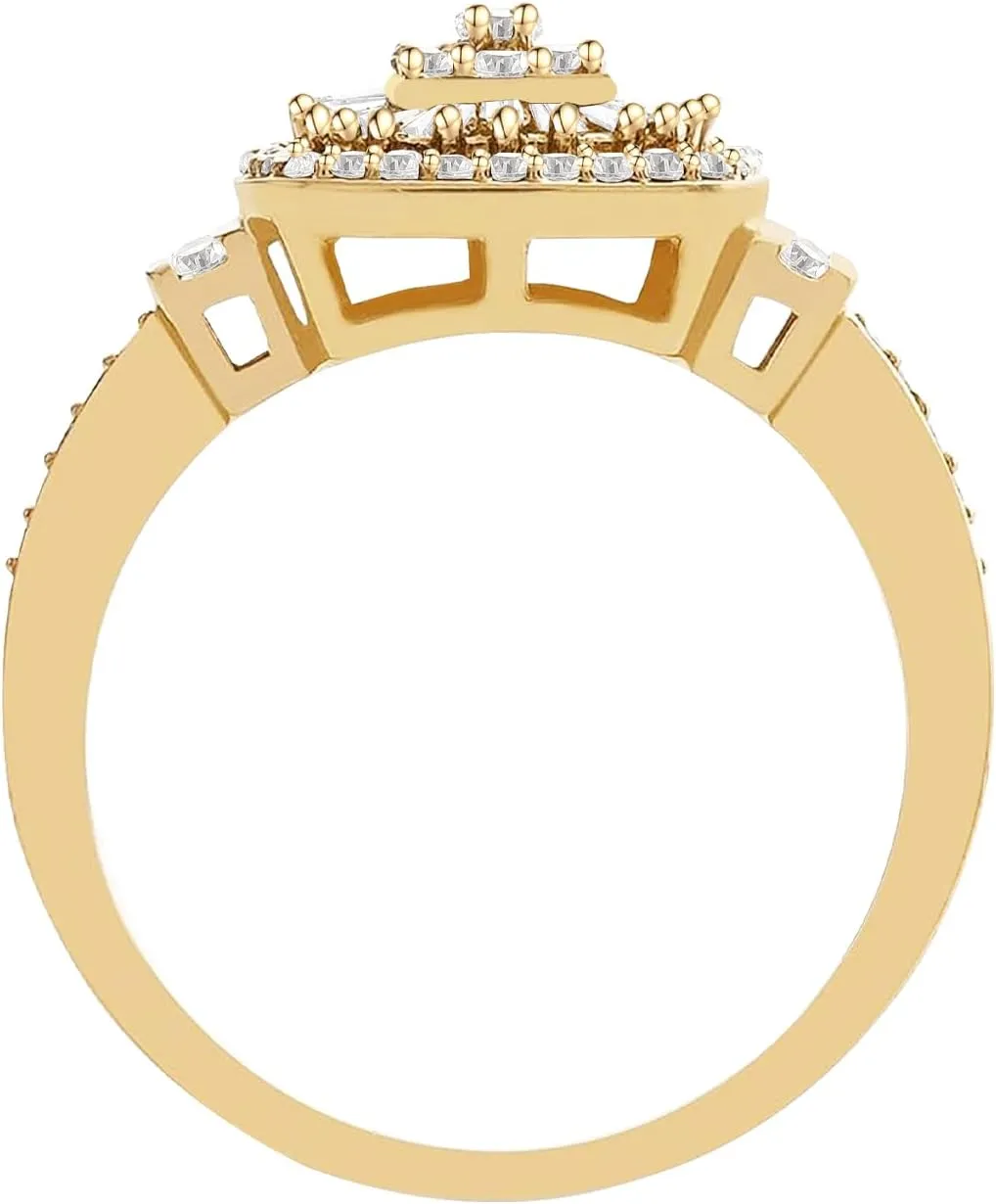 Diamond Cushion Shape Ring, Round and Baguette Shaped Diamond Design, 75 Natural Diamonds, 14K Rose Gold, 1/2 cttw, I2-I3 Clarity