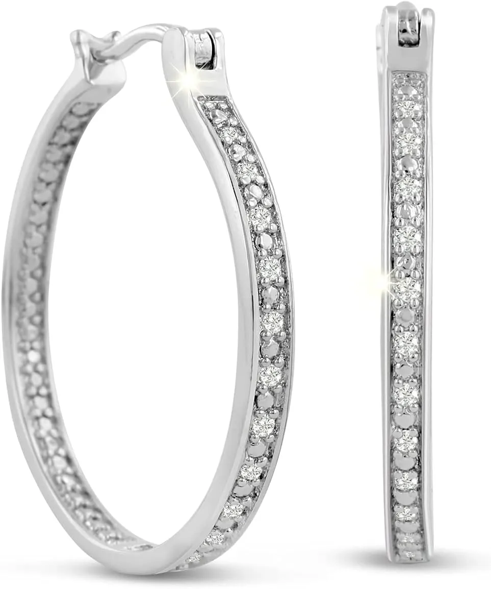 Diamond Hoop Earrings For Women, 1/4 Carat Diamond Hoop Earrings In Sterling Silver For Women, Large Diamond Hoops For Women, 1 1/4 Inches Style 2