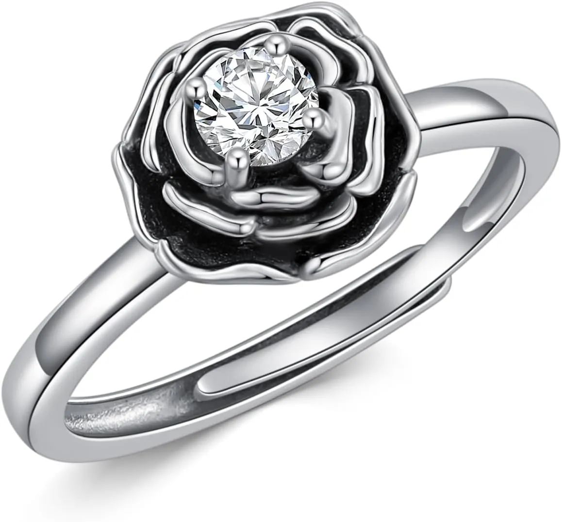 Diamond Rose Rings for Women 925 Stering Silver Rose Open Rings Adjustable Ring Promise Rings Jewelry Birthday Gifts for Wife