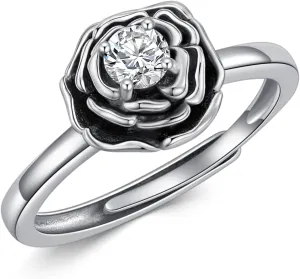 Diamond Rose Rings for Women 925 Stering Silver Rose Open Rings Adjustable Ring Promise Rings Jewelry Birthday Gifts for Wife