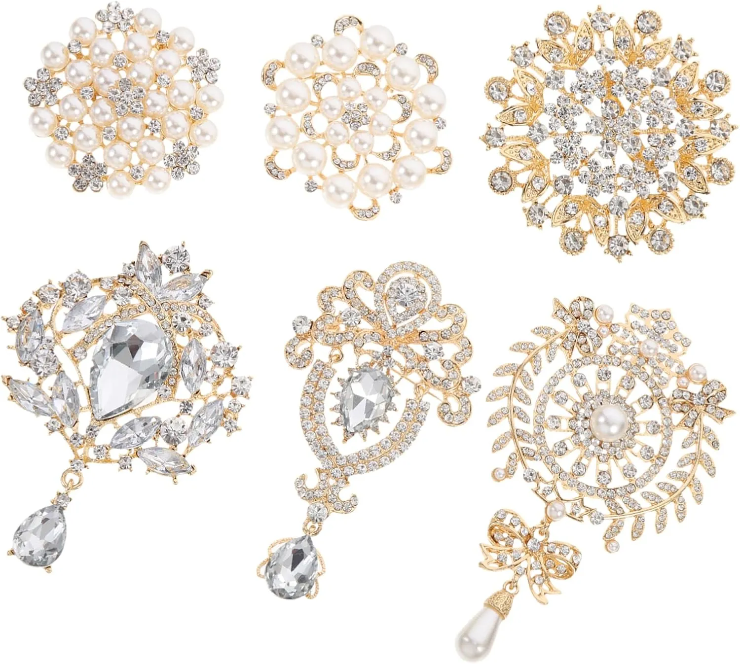 Didiseaon 6pc Pearl Brooch Pin Set Gold Rhinestone Brooches for Wedding Corsage Elegant Prom Dress Accessory