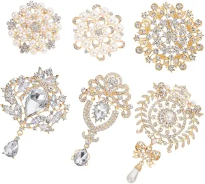 Didiseaon 6pc Pearl Brooch Pin Set Gold Rhinestone Brooches for Wedding Corsage Elegant Prom Dress Accessory