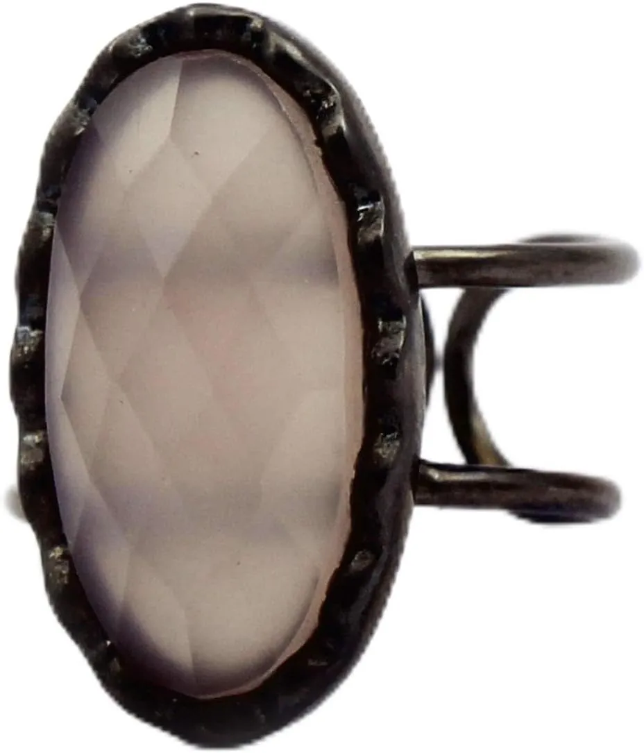 Double Line Pink Chalcedony Oval Shape Black Plated Single Stone Rings Handmade Gemstone Adjustable Rings Jewelry