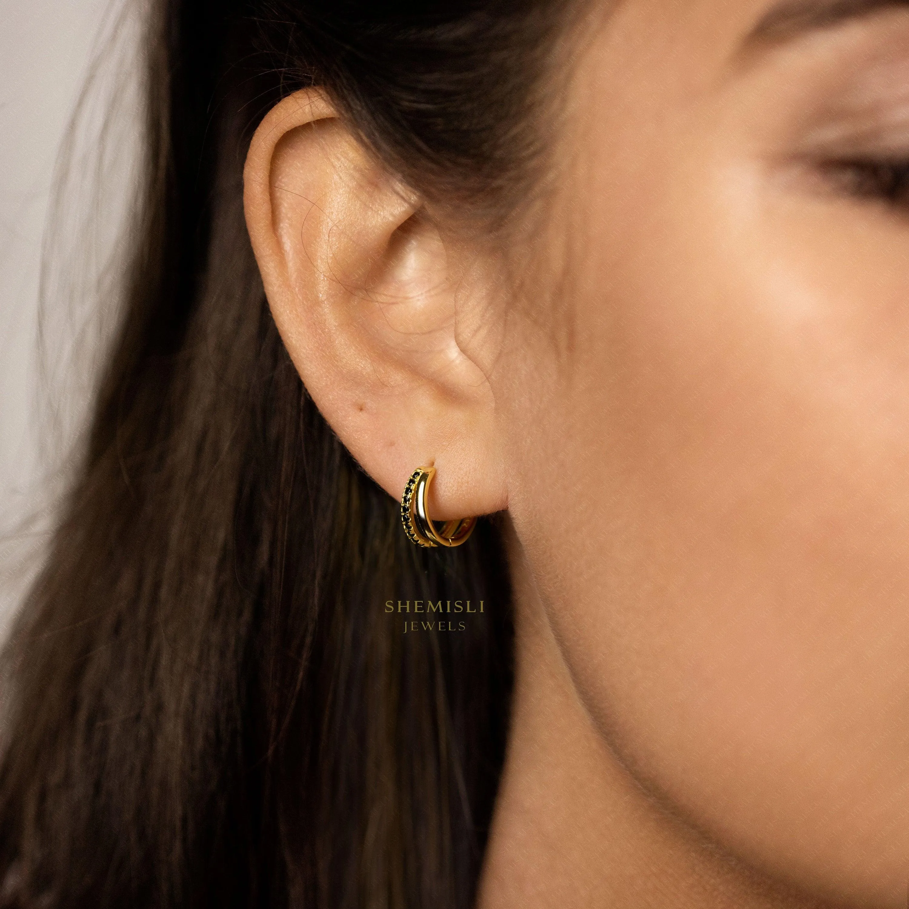 Double lined Black CZ Hoops, Gold, Silver SHEMISLI SH622
