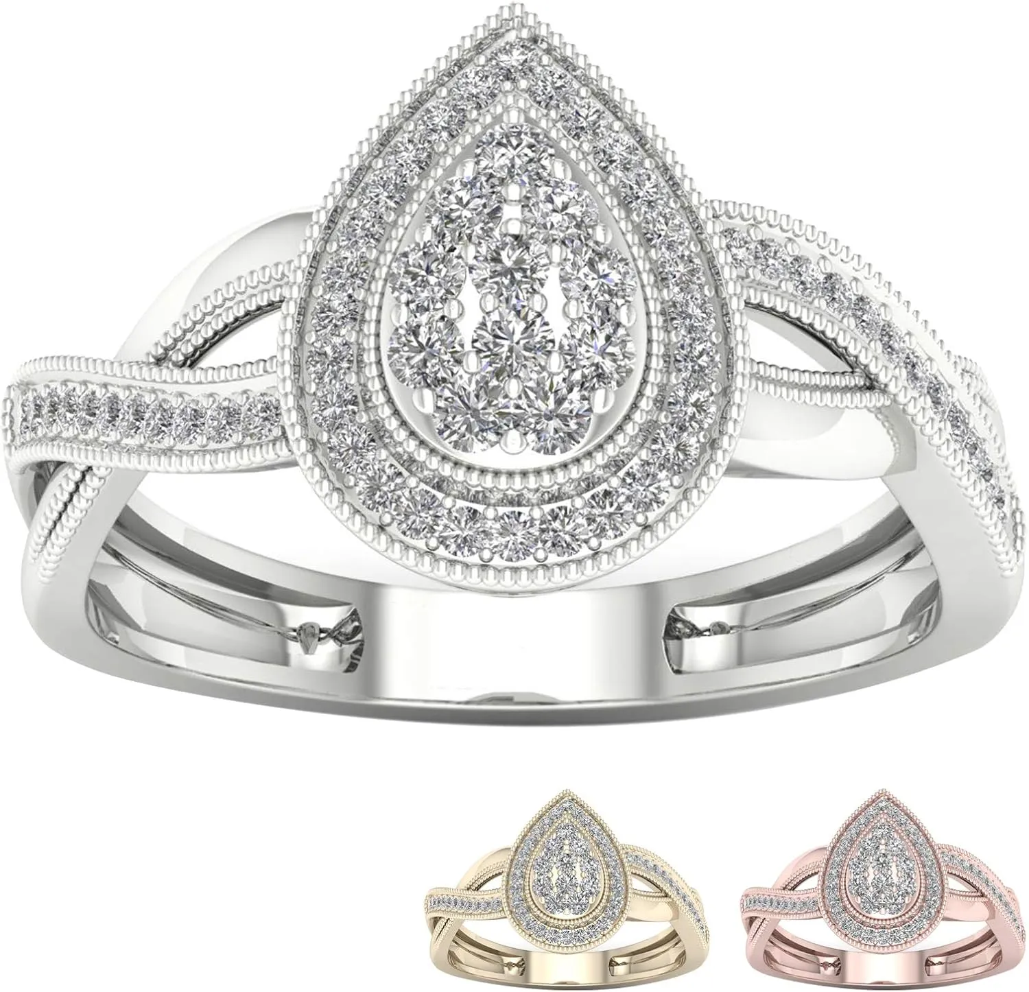 DZON 10K Gold 1/4 Ct TDW Pear Shape Cluster Halo Round Diamond Engagement Ring For Women(I-J,I2)