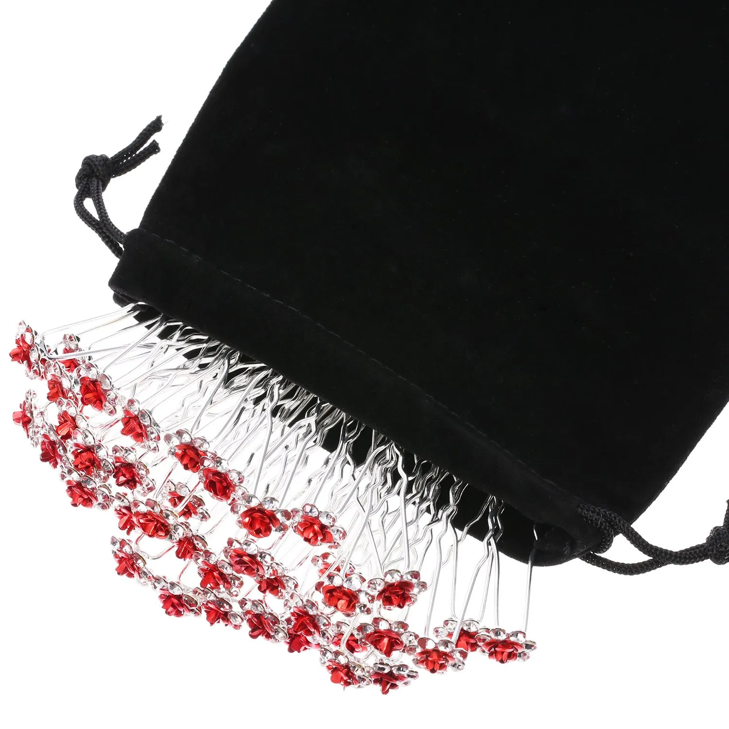 eBoot 40 Pack Crystal Hair Pins Rose Flower Rhinestone Hair Clips for Bridal Wedding Women Hair Jewelry Accessories, with Storage Bag (Red)