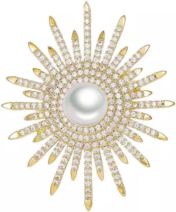 Elegant Sun Flower Full Rhinestones Pearl Brooch Lapel Pins for Women Dainty Sparkly Crystal Brooches Pin Fashion Jewelry for Party Banquet Dress Suit Ceremony Clothes Accessories Gifts for Mom Thanksgiving Her