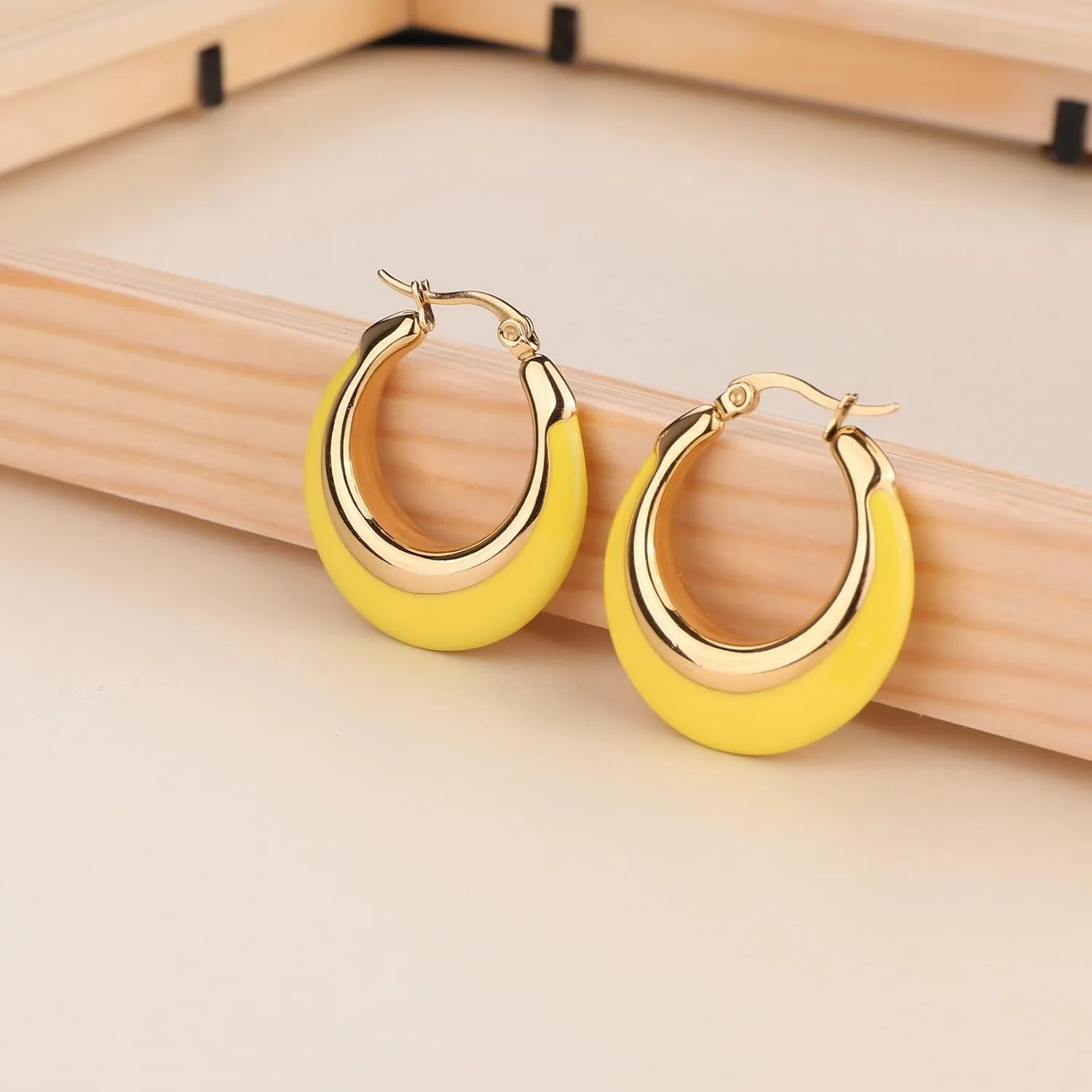 Enamel Hoop Earrings for Women Colorful Enamel Chunky Hoop Earrings 18K Gold Plated Stainless Steel Enamel Earrings Jewelry Gift for Girlfriend Wife