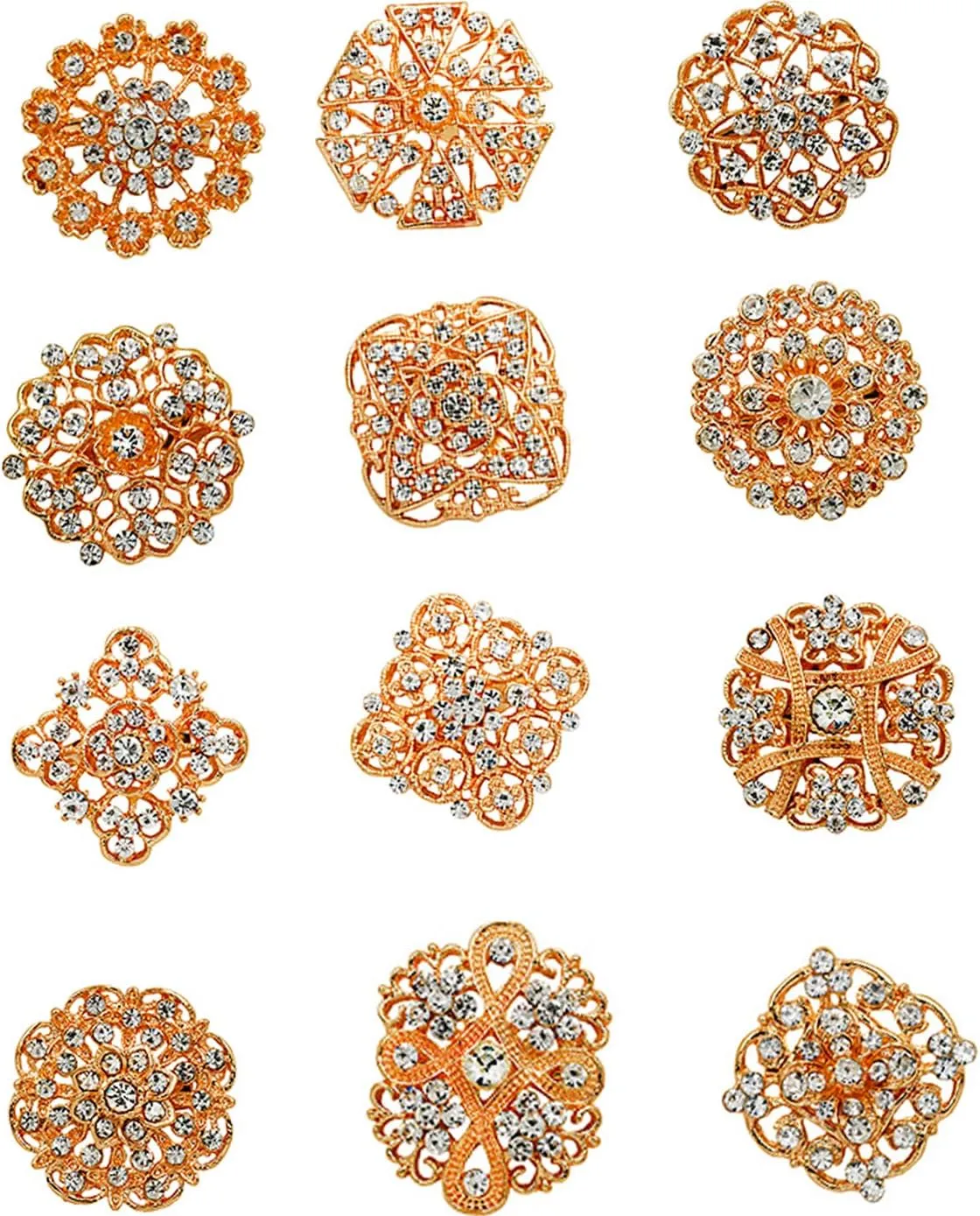 Ezing 12pcs Gold Plated Crystal Brooch for Wedding Bouquet (L)