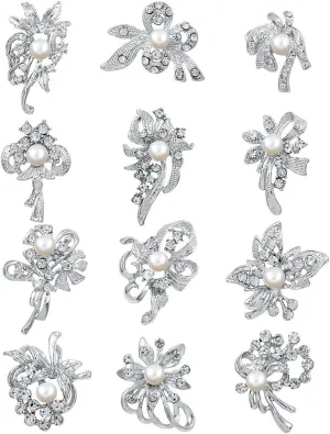 Ezing 12pcs Lot Imitaion Peal Crystal Brooch for Wedding Bouquet (D)