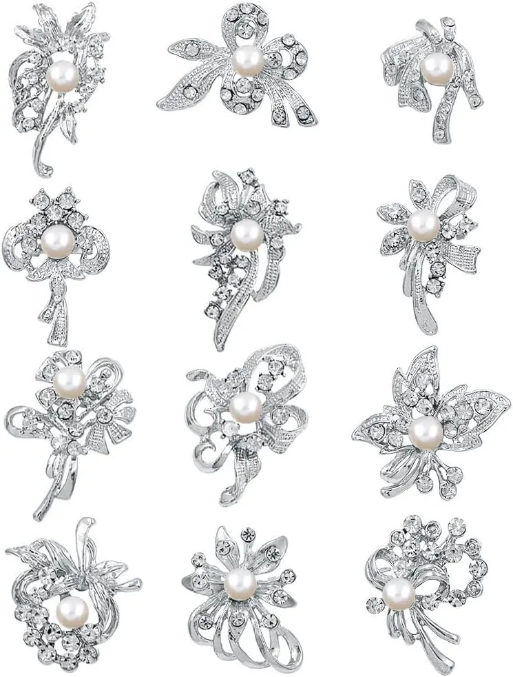 Ezing 12pcs Lot Imitaion Peal Crystal Brooch for Wedding Bouquet (D)