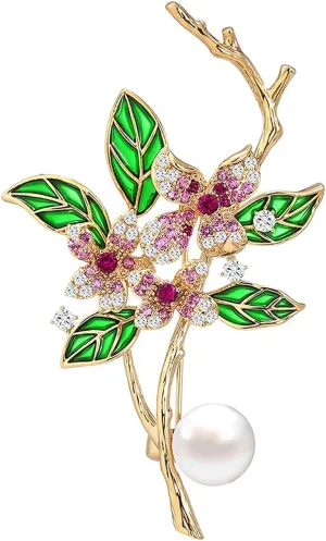 Fancy Flower Brooches for Women Green Enamel Leaf Zircon Begonia Brooch Pin with Freshwater Pearl