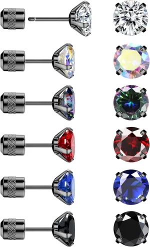 Fansilver 6 Pairs Hypoallergenic Stud Earrings for Women Men Threadless Flat Back Stud Earrings Set for Multiple Piercing Surgical Stainless Steel Cubic Zirconia Earrings Studs CZ 2-8 mm