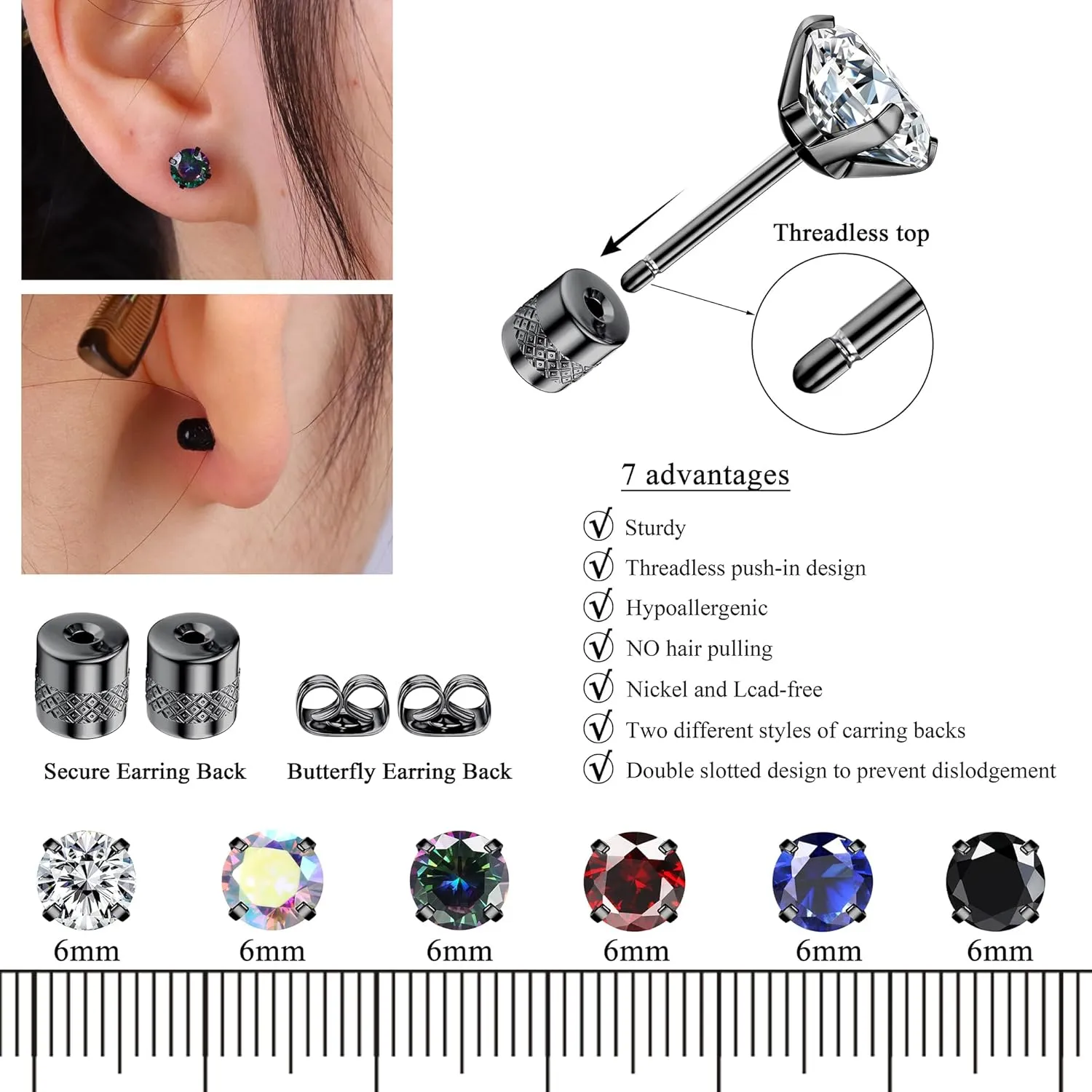 Fansilver 6 Pairs Hypoallergenic Stud Earrings for Women Men Threadless Flat Back Stud Earrings Set for Multiple Piercing Surgical Stainless Steel Cubic Zirconia Earrings Studs CZ 2-8 mm