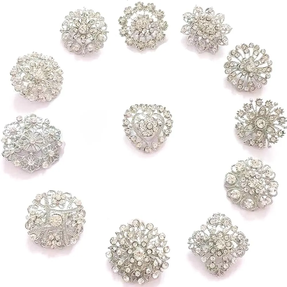 Fashion Lot 12pcs Rhinestone Crystal Flower Wedding Brooches Pins Set