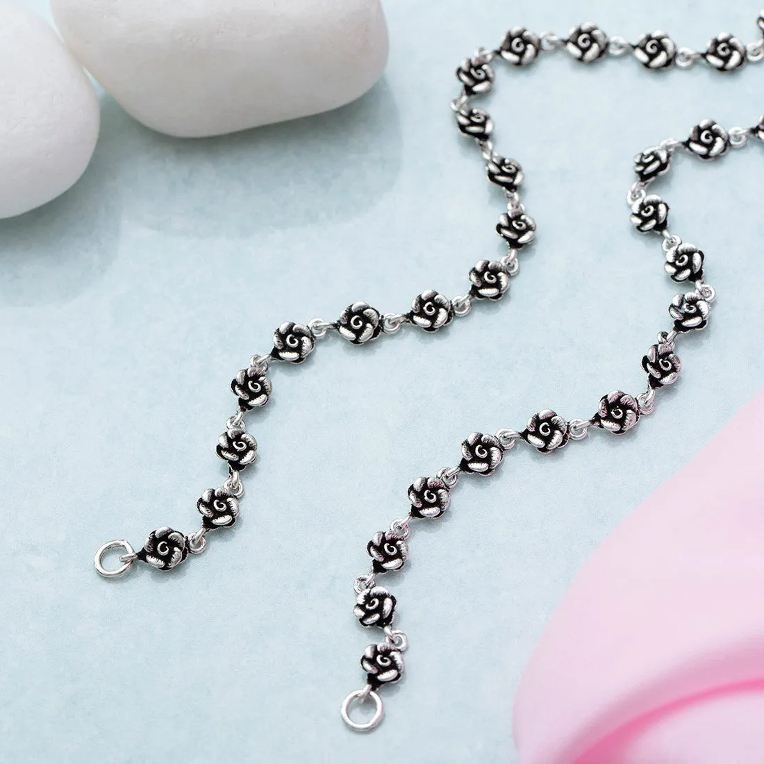 Floral Chained 925 Sterling Silver Anklets in Rhodium Plating