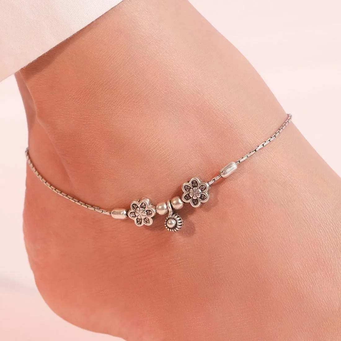 Floral Drop Rhodium Plated 925 Sterling Silver Chain Anklets