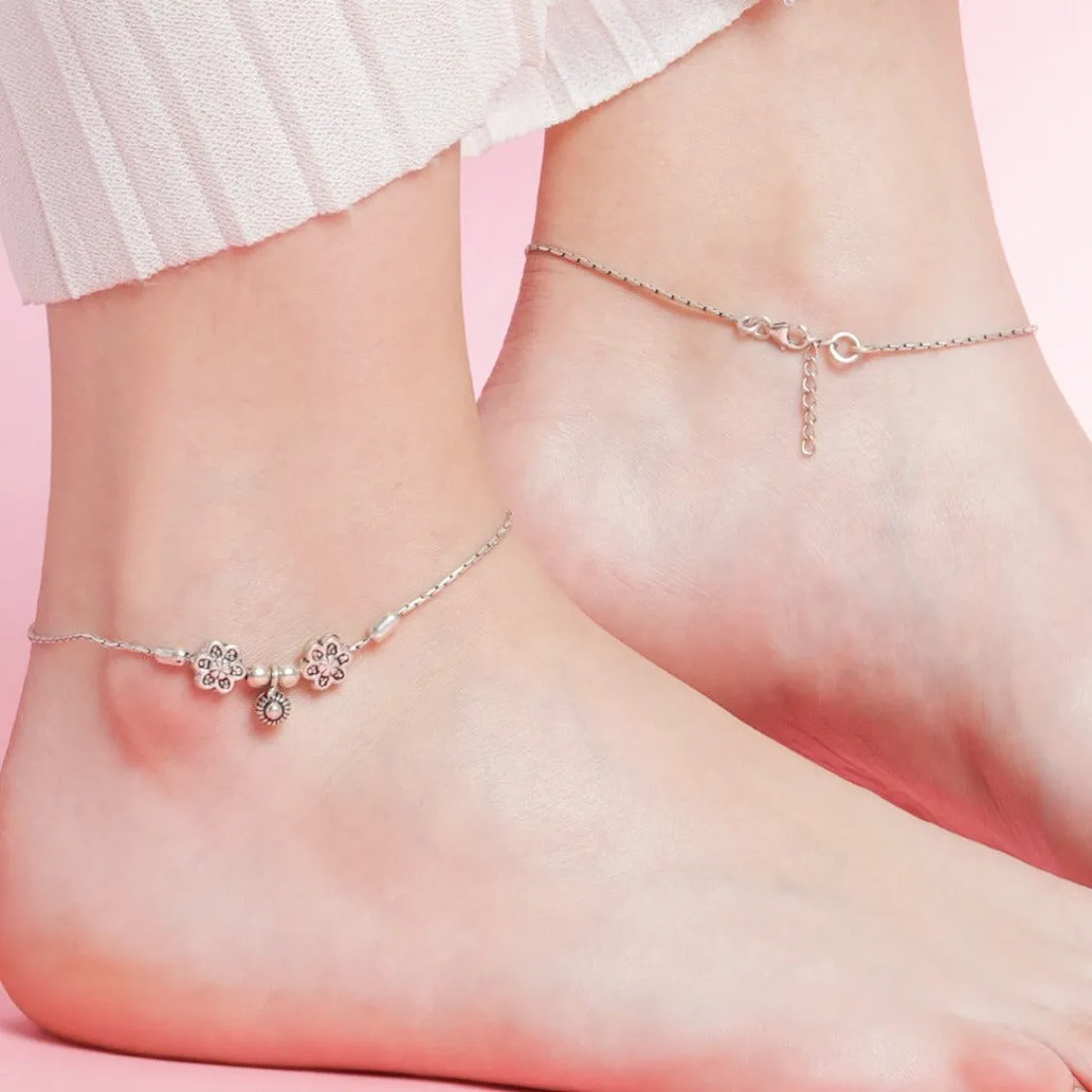 Floral Drop Rhodium Plated 925 Sterling Silver Chain Anklets
