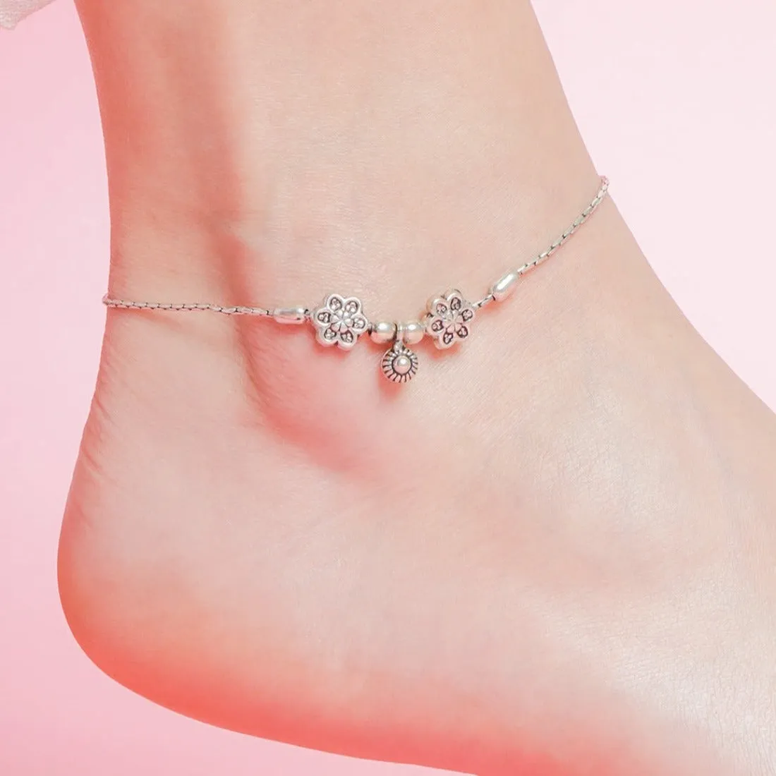 Floral Drop Rhodium Plated 925 Sterling Silver Chain Anklets