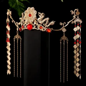 Flower Bride Wedding Hair Vine,Traditional Chinese Wedding Headdress,Bridal Head Piece Crystal Hairpieces,Flower Hair Sticks with Pearl