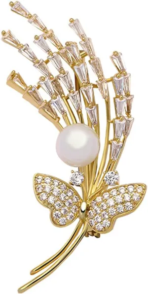 Flower Brooch Pins for Women Fashion Butterfly Brooch Shiny Cubic Zirconia Bouquet Pins with Imitation Pearl