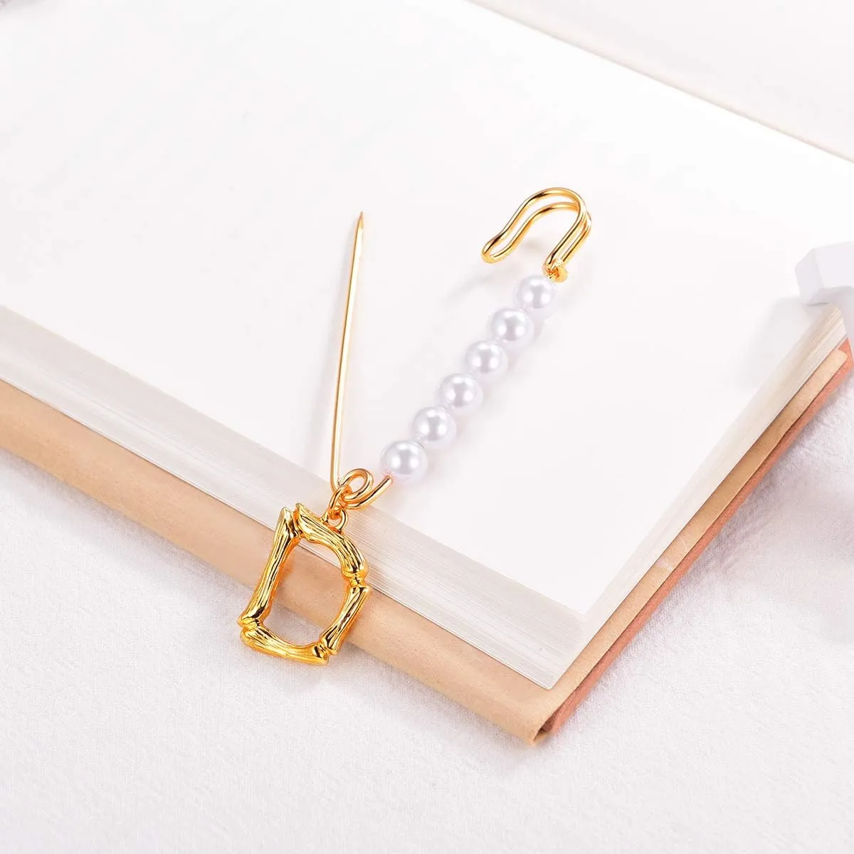 FOCALOOK 18k Gold Plated Bamboo Initial Letter Brooches Pins for Women Designer Brooch