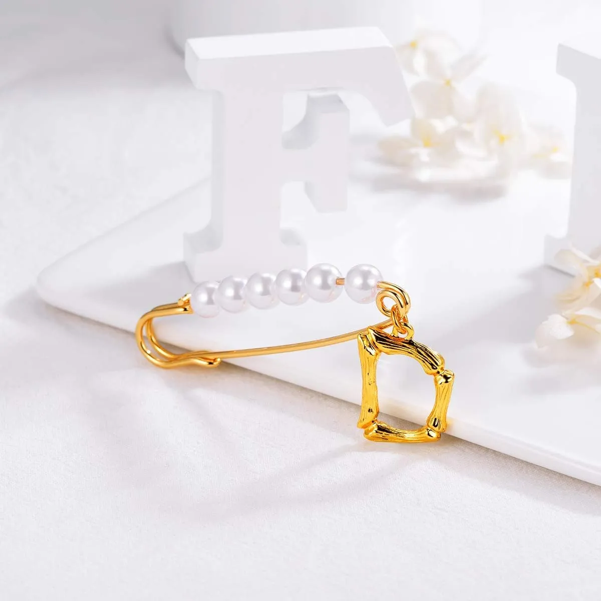 FOCALOOK 18k Gold Plated Bamboo Initial Letter Brooches Pins for Women Designer Brooch