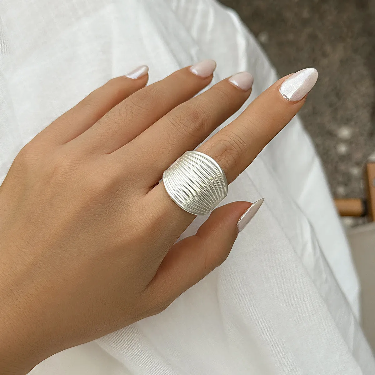 French Disc Pleated Metal Ring with Flower Ornament