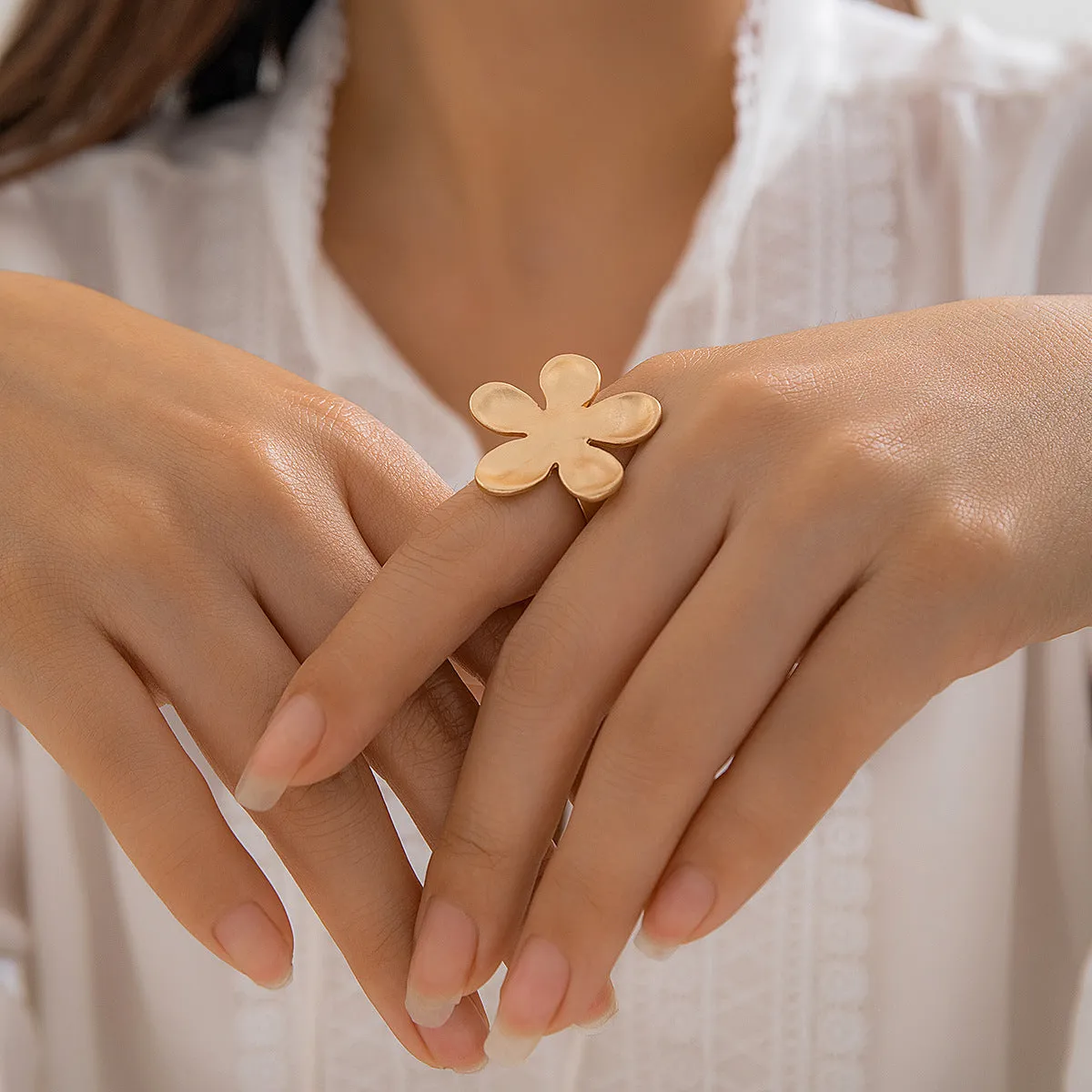 French Disc Pleated Metal Ring with Flower Ornament