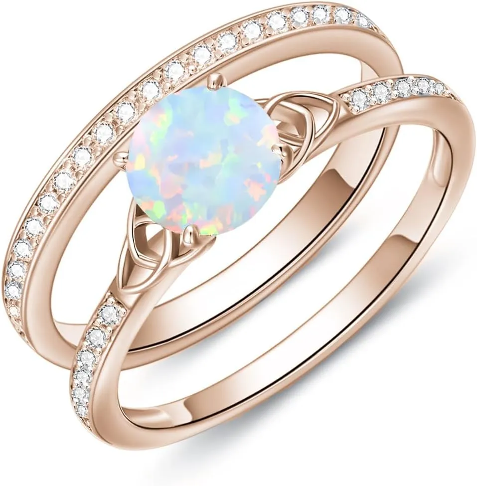 Gemstone Engagement Ring Set for Women 10K 14K 18K Solid Gold Gemstone Bridal Wedding Ring Set for Her Gemstone Celtic Rings Wedding Band Anniversary Promise Rings