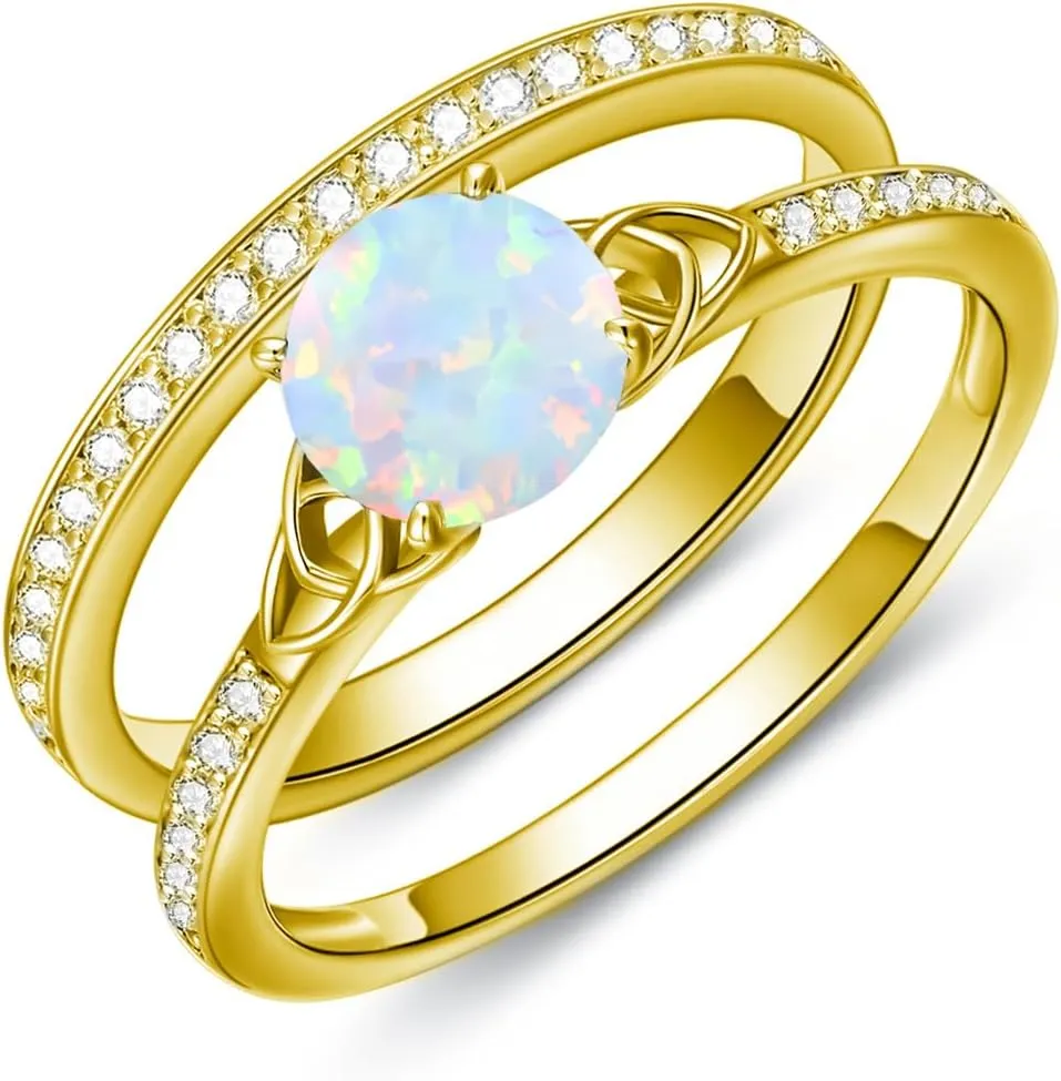 Gemstone Engagement Ring Set for Women 10K 14K 18K Solid Gold Gemstone Bridal Wedding Ring Set for Her Gemstone Celtic Rings Wedding Band Anniversary Promise Rings