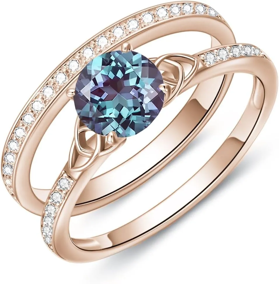 Gemstone Engagement Ring Set for Women 10K 14K 18K Solid Gold Gemstone Bridal Wedding Ring Set for Her Gemstone Celtic Rings Wedding Band Anniversary Promise Rings