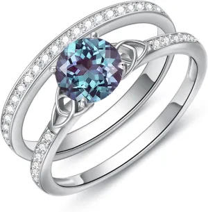 Gemstone Engagement Ring Set for Women 10K 14K 18K Solid Gold Gemstone Bridal Wedding Ring Set for Her Gemstone Celtic Rings Wedding Band Anniversary Promise Rings