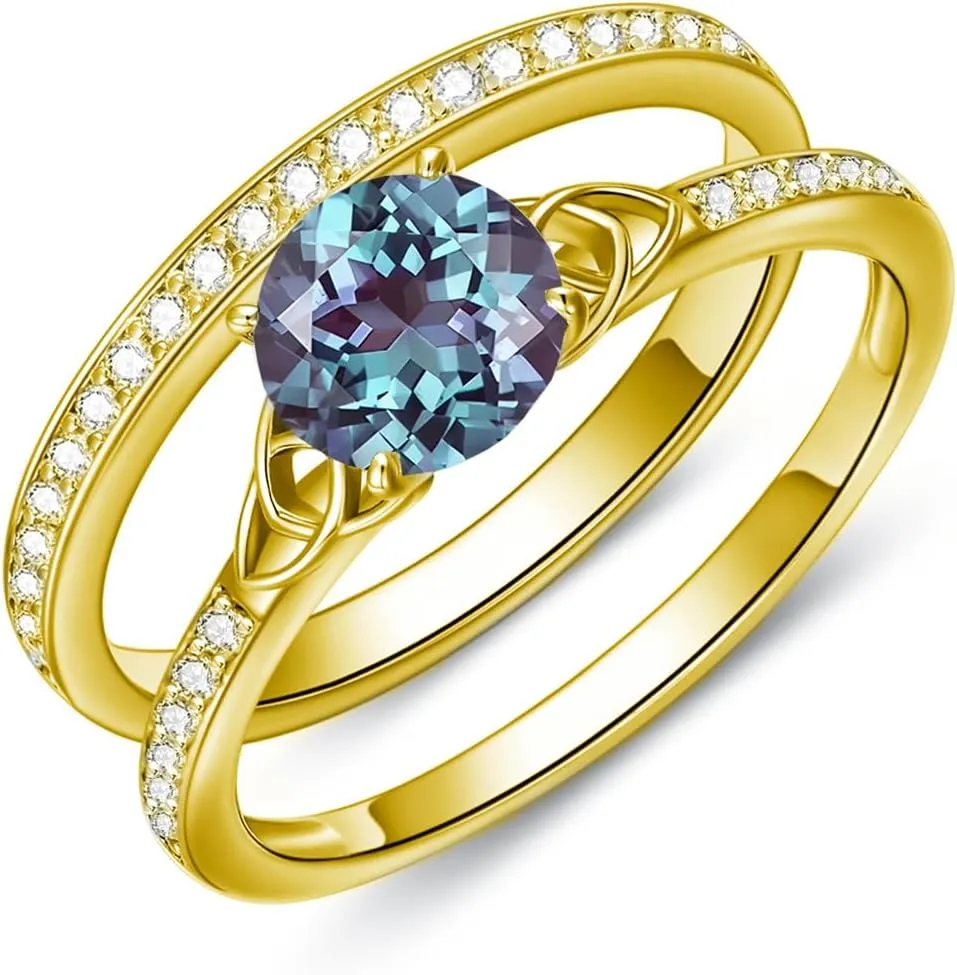 Gemstone Engagement Ring Set for Women 10K 14K 18K Solid Gold Gemstone Bridal Wedding Ring Set for Her Gemstone Celtic Rings Wedding Band Anniversary Promise Rings