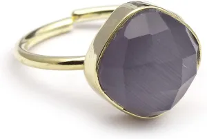 Gemstone Handmade Gray Cats Eye Adjustable Rings Cushion Shape Single Stone Gold Plated Rings Jewelry