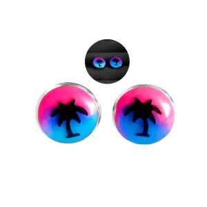 Glow in the Dark 13 mm. Stainless Steel Stud Earrings for Women, Teens and Girls, Black Palma, Hypoallergenic Post Earrings, Elesea Jewelry - Handmade in Italy (Pink/Light Blue)