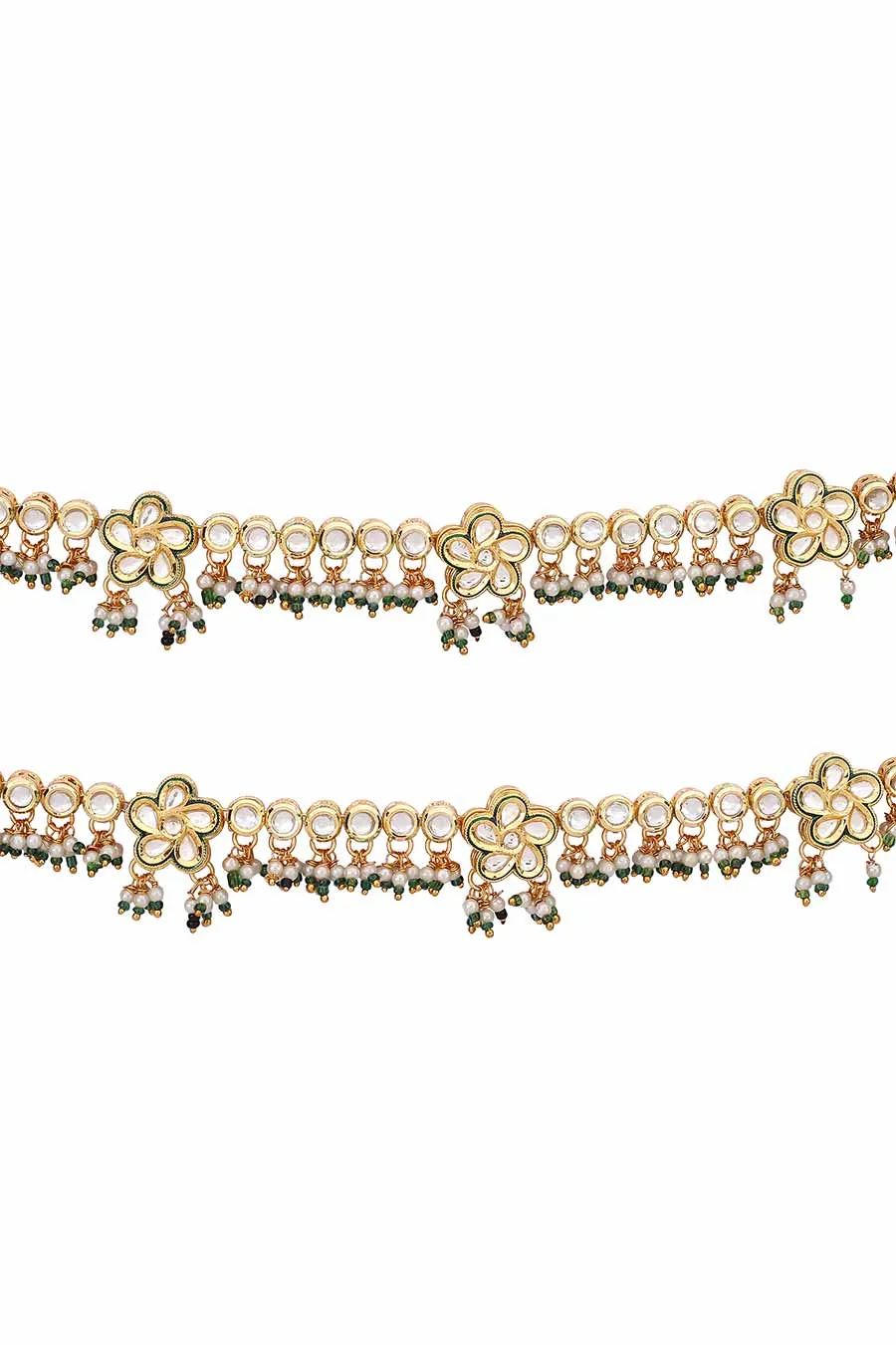 Gold Finish Kundan Floral & Moti Anklets (Set of 2)