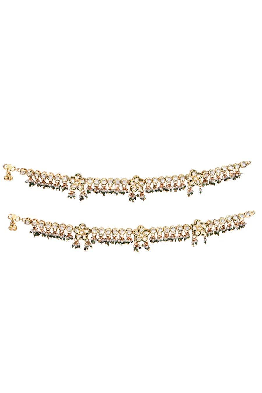 Gold Finish Kundan Floral & Moti Anklets (Set of 2)