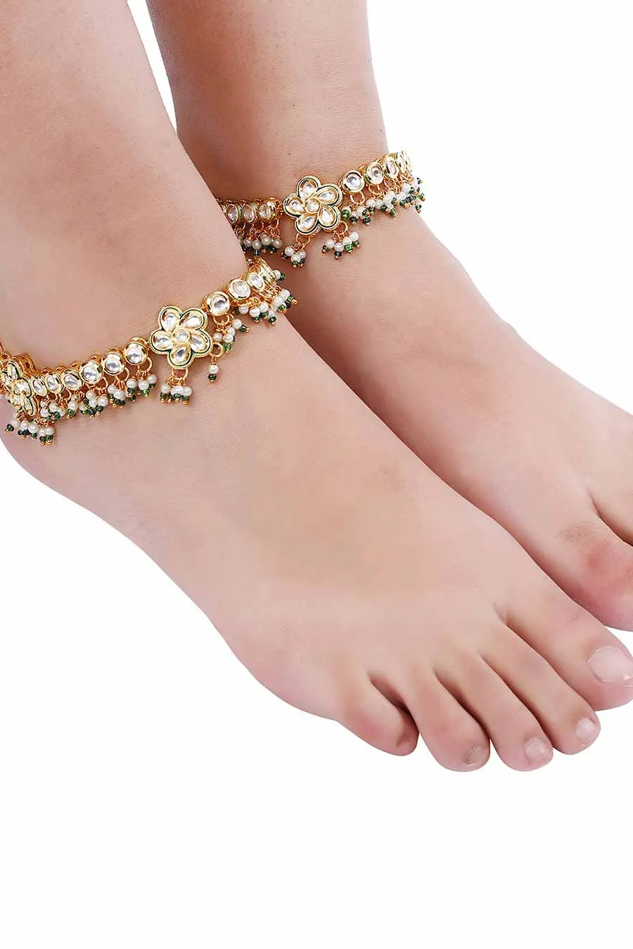 Gold Finish Kundan Floral & Moti Anklets (Set of 2)