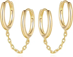 Gold Hoop Earrings for Women Double 14K Gold Hoop Earrings Double Piercings Chain Earrings Hypoallergenic Hoops Earrings for Women 13mm/16mm