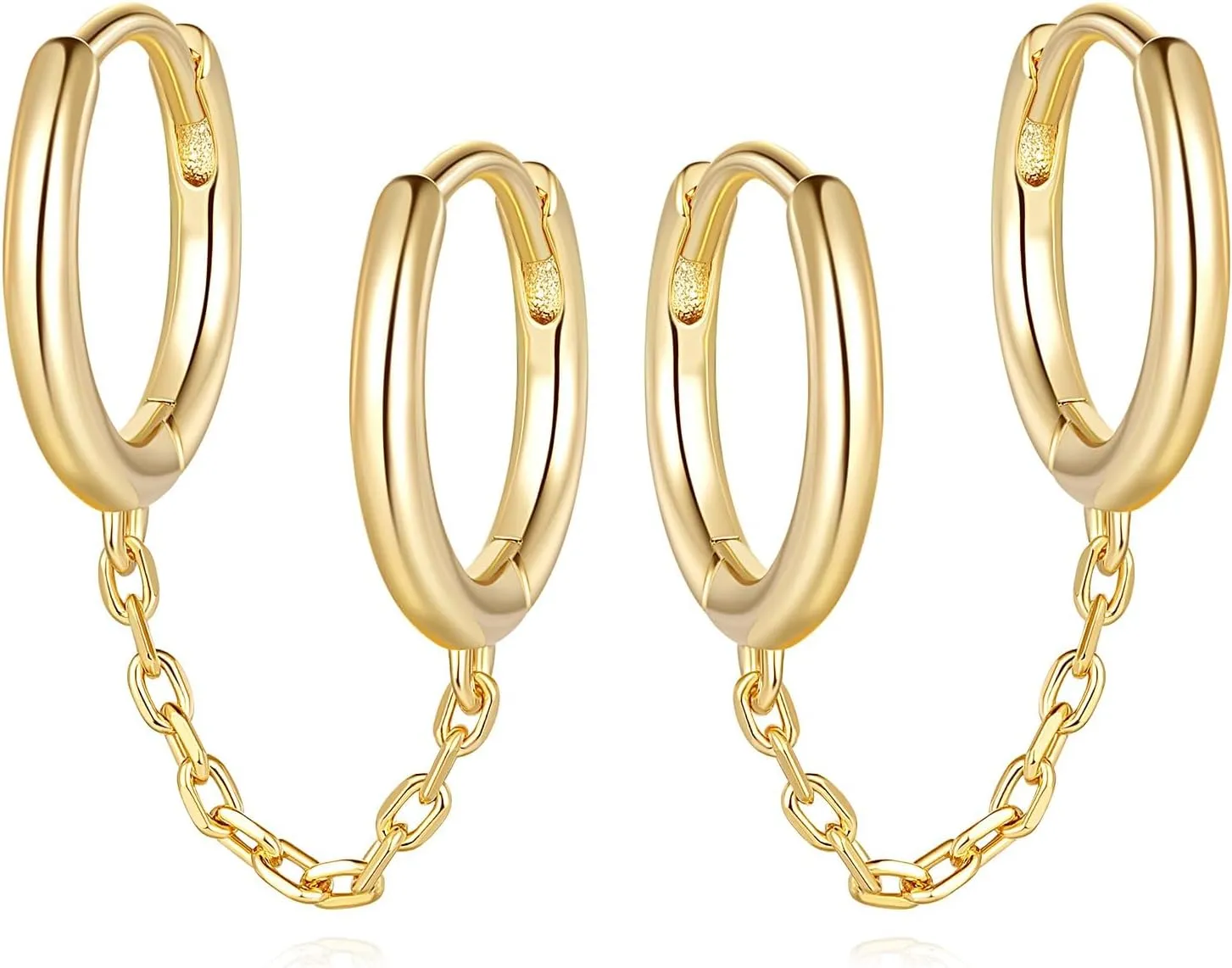 Gold Hoop Earrings for Women Double 14K Gold Hoop Earrings Double Piercings Chain Earrings Hypoallergenic Hoops Earrings for Women 13mm/16mm