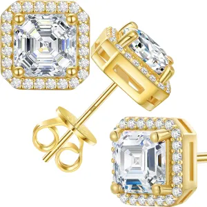 Gold Moissanite Earrings Asscher Stud 1 Carats Square Halo Moissanite Diamond Stud Earrings, D Color VVS1 Simulated Diamond 925 Sterling Silver Earrings For Women Men